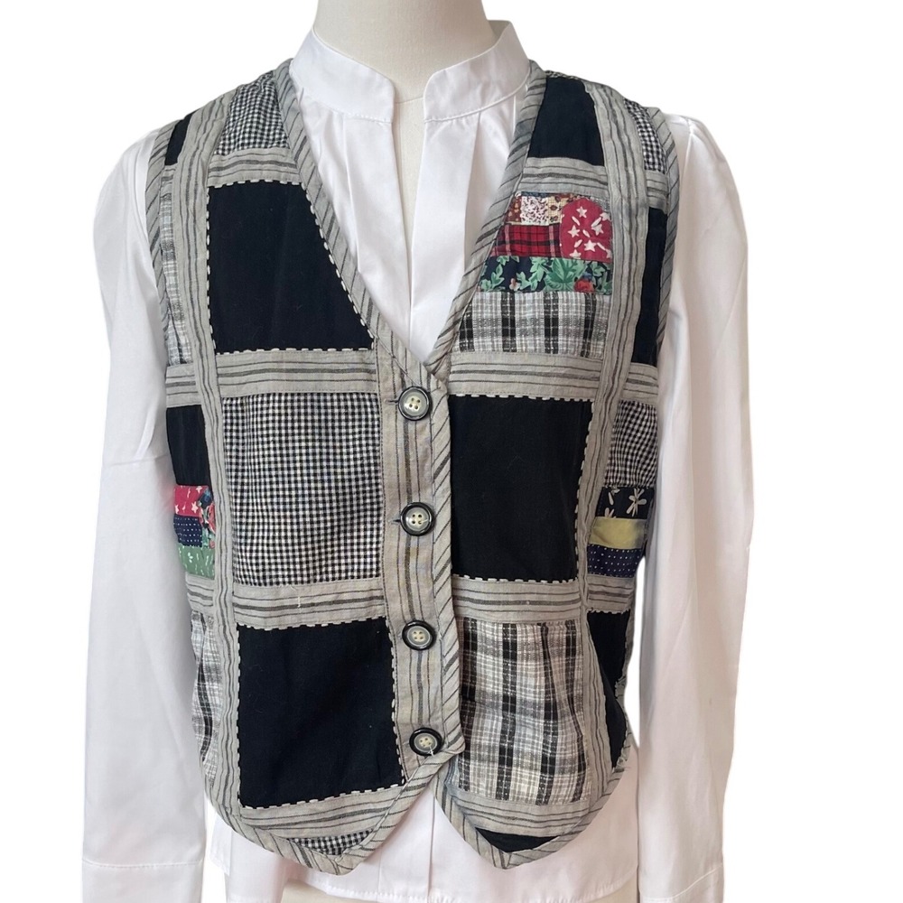 Vintage Patchwork Vest Cottagecore Folk Lagenlook Boho Button Front Waistcoat M